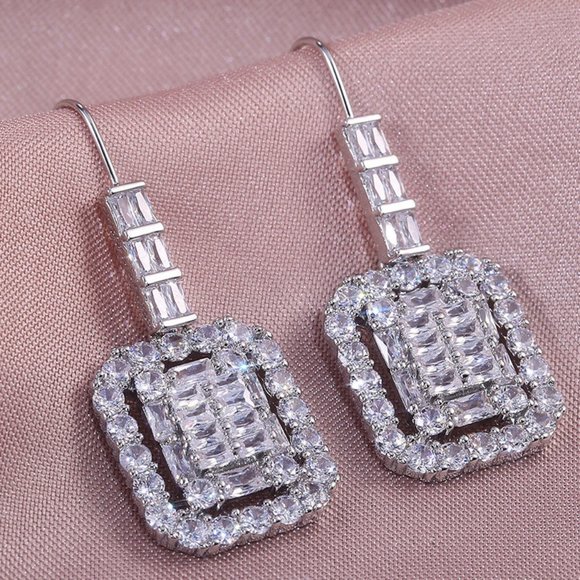 NEW Silver Baguette Round Diamond Drop Earrings 1 - Picture 2 of 6